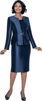 Terramina <br> (Spring 2026) <br> T7990-NA <br> <br> Navy  <br> 8 10 12 14 16 18 20 22 24 <br> 3 Piece Skirt Suit in Light Silk Look with Peplum Jacket & Rhinestone Clasp Closure