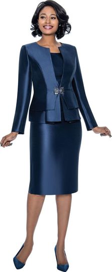Terramina <br> (Spring 2026) <br> T7990-NA <br> <br> Navy  <br> 8 10 12 14 16 18 20 22 24 <br> 3 Piece Skirt Suit in Light Silk Look with Peplum Jacket & Rhinestone Clasp Closure