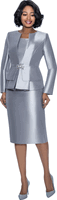 Terramina <br> (Year Round) <br> T7990-SI <br> <br> Silver <br> 8 10 12 14 16 18 20 22 24 <br> 3 Piece Skirt Suit in Light Silk Look with Peplum Jacket & Rhinestone Clasp Closure