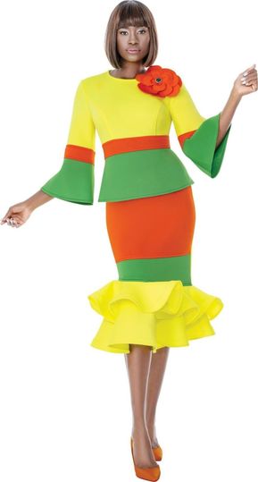 Terramina <br> (Spring 2026) <br> T7015 <br> <br> Multi <br> 8 10 12 14 16 18 20 22 <br> 2 Piece Skirt Suit flower� brooch & mermaid hem skirt