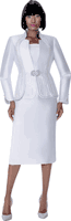 Terramina <br> (Spring 2026) <br> T7029-WH <br> <br> White <br> 8 10 12 14 16 18 20 22 24 <br> 3 Piece Skirt Suit silky twill with rhinestone brooch closure