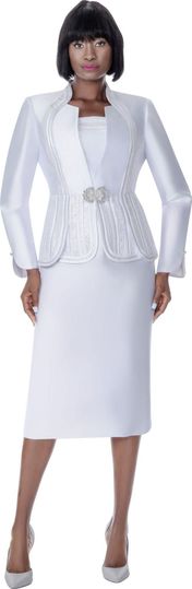Terramina <br> (Spring 2026) <br> T7029-WH <br> <br> White <br> 8 10 12 14 16 18 20 22 24 <br> 3 Piece Skirt Suit silky twill with rhinestone brooch closure