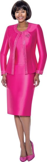 Terramina <br> (Spring 2026) <br> T7637-FU <br> <br> Fuchsia <br> 8 10 12 14 16 18 20 22 24 <br> 3 Piece Skirt Suit with Rhinestone Embellishment on Jacket & Rhinestone Brooch