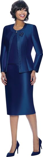 Terramina <br> (Spring 2026) <br> T7637-NA <br> <br> Navy  <br> 8 10 12 14 16 18 20 22 24 <br> 3 Piece Skirt Suit with Rhinestone Embellishment on Jacket & Rhinestone Brooch