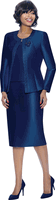 Terramina <br> (Year Round) <br> T7637-NA <br> <br> Navy  <br> 8 10 12 14 16 18 20 22 24 <br> 3 Piece Skirt Suit with Rhinestone Embellishment on Jacket & Rhinestone Brooch