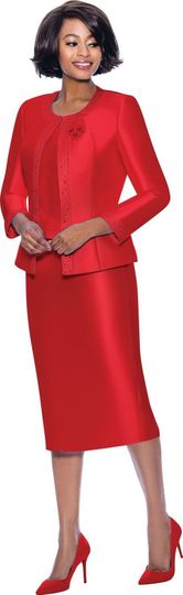 Terramina <br> (Spring 2026) <br> T7637-RE <br> <br> Red <br> 8 10 12 14 16 18 20 22 24 <br> 3 Piece Skirt Suit with Rhinestone Embellishment on Jacket & Rhinestone Brooch