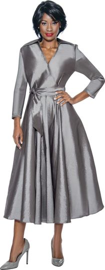 Terramina <br> (Spring 2026) <br> T7869-SI <br> <br> Silver <br> 8 10 12 14 16 18 20 22 <br> 1 Piece Dress w/Belt in Silk Look Fabric