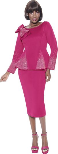 Terramina <br> (Spring 2026) <br> T7108-FU <br> <br> Fuchsia <br> 8 10 12 14 16 18 20 22 <br> 2 Piece Skirt Suit in Scuba fabric with� Bow Accent & Rhinestones in Peplum Style