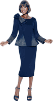 Terramina <br> (Spring 2026) <br> T7108-NA <br> <br> Navy <br> 8 10 12 14 16 18 20 22 <br> 2 Piece Skirt Suit in Scuba fabric with� Bow Accent & Rhinestones in Peplum Style