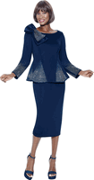 Terramina <br> (Year Round) <br> T7108-NA <br> <br> Navy <br> 8 10 12 14 16 18 20 22 <br> 2 Piece Skirt Suit in Scuba fabric with� Bow Accent & Rhinestones in Peplum Style