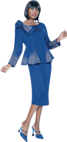 Terramina <br> (Year Round) <br> T7108-RO <br> <br> Royal <br> 8 10 12 14 16 18 20 22 <br> 2 Piece Skirt Suit in Scuba fabric with� Bow Accent & Rhinestones in Peplum Style