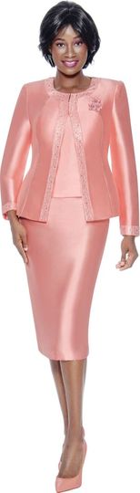 Terramina <br> (Spring 2026) <br> T7637-CO <br> <br> Coral <br> 8 10 12 14 16 18 20 22 24 <br> 3 Piece Skirt Suit with Rhinestone Embellishment on Jacket & Rhinestone Brooch