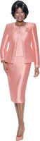 Terramina <br> (Year Round) <br> T7637-CO <br> <br> Coral <br> 8 10 12 14 16 18 20 22 24 <br> 3 Piece Skirt Suit with Rhinestone Embellishment on Jacket & Rhinestone Brooch