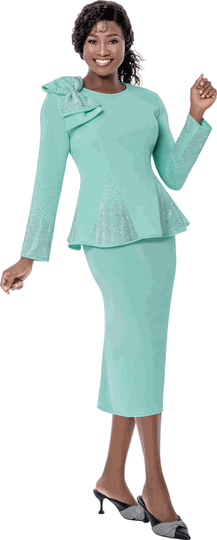 Terramina <br> (Spring 2026) <br> T7108-MI <br> <br> Mint <br> 8 10 12 14 16 18 20 22 <br> 2 Piece Skirt Suit in Scuba fabric with� Bow Accent & Rhinestones in Peplum Style