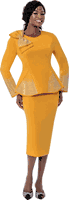Terramina <br> (Spring 2026) <br> T7108-SU <br> <br> Sunkist  <br> 8 10 12 14 16 18 20 22 <br> 2 Piece Skirt Suit in Scuba fabric with� Bow Accent & Rhinestones in Peplum Style