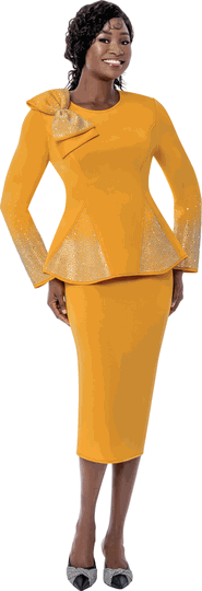Terramina <br> (Spring 2026) <br> T7108-SU <br> <br> Sunkist  <br> 8 10 12 14 16 18 20 22 <br> 2 Piece Skirt Suit in Scuba fabric with� Bow Accent & Rhinestones in Peplum Style