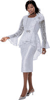 Terramina <br> (Spring 2026) <br> T7184-WH <br> <br> White <br> 8 10 12 14 16 18 20 22 24 <br> 3 Piece Skirt Suit Lace with 3D Brooch & Rhinestone Clasp