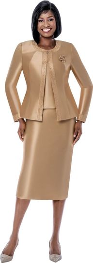 Terramina <br> (Spring 2026) <br> T7637-GO <br> <br> Gold <br> 8 10 12 14 16 18 20 22 24 <br> 3 Piece Skirt Suit with Rhinestone Embellishment on Jacket & Rhinestone Brooch