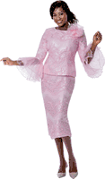 Terramina <br> (Spring 2026) <br> T7861-PI <br> <br> Pink <br> 8 10 12 14 16 18 20 22 <br> 2 Piece Skirt Suit in  Textured Novelty Fabric With Flower Brooch & Flared Cuff Design
