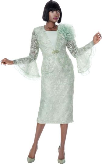 Terramina <br> (Spring 2026) <br> T7005-SA <br> <br> Sage <br> 8 10 12 14 16 18 20 22 24 <br> 3 Piece Skirt Suit 3D Shoulder Adornment With Flare Cuffs