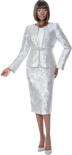 Terramina <br> (Spring 2026) <br> T7010 <br> <br> Silver  <br>  Black <br> 8 10 12 14 16 18 20 22 24 <br> 3 Piece Skirt Suit Rhinestone Clasp Closure in embossed brocade