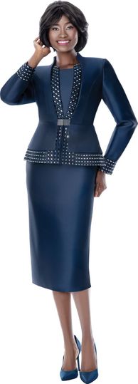 Terramina <br> (Spring 2026) <br> T7013-NA <br> <br> Navy <br> 8 10 12 14 16 18 20 22 24 <br> 3 Piece Skirt Suit silky twill with stone trim
