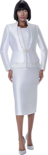 Terramina <br> (Spring 2026) <br> T7013-WH <br> <br> White <br> 8 10 12 14 16 18 20 22 24 <br> 3 Piece Skirt Suit silky twill with stone trim