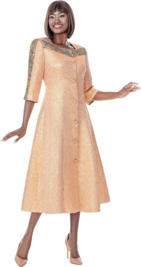 Terramina <br> (Spring 2026) <br> T7016 <br> <br> Copper <br> 8 10 12 14 16 18 20 22 <br> 1 Piece Dress 3/4 sleeves & jeweled down front button closure