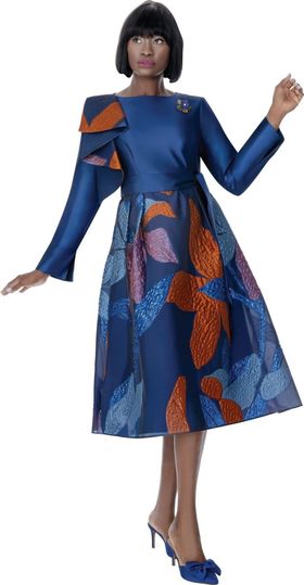 Terramina <br> (Spring 2026) <br> T7017 <br> <br> Navy <br> 8 10 12 14 16 18 20 22 <br> 1 Piece Dress Shoulder pleats trim & Rhinestone brooch