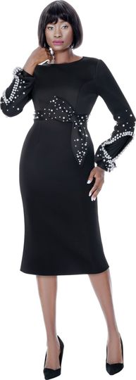 Terramina <br> (Spring 2026) <br> T7021 <br> <br> Black <br> 8 10 12 14 16 18 20  <br> 1 Piece Dress scuba fabric with elaborate pearl embellishment