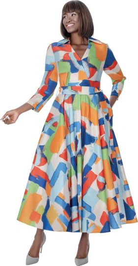 Terramina <br> (Spring 2026) <br> T7023 <br> <br> Print <br> 8 10 12 14 16 18 20 22 <br> 1 Piece Dress w/Belt with Collar, 3/4 Sleeves & Sash Belt
