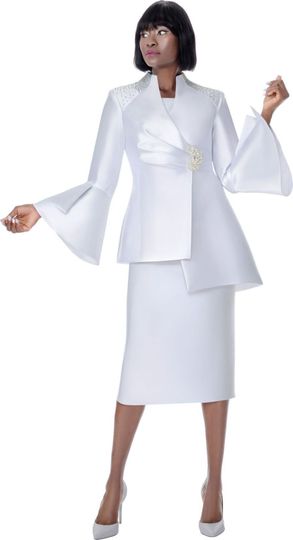 Terramina <br> (Spring 2026) <br> T7024-WH <br> <br> White <br> 8 10 12 14 16 18 20 22 24 <br> 3 Piece Skirt Suit silky twill with rhinestone trim