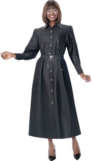 Terramina <br> (Spring 2026) <br> T7031-BL <br> <br> Black <br> 8 10 12 14 16 18 20 22 <br> 1 Piece Dress Rhinestone Sprinkled Midi Dress with Rhinestone buckle head & pockets