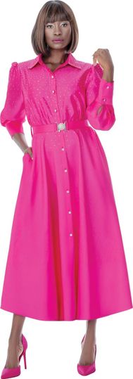 Terramina <br> (Spring 2026) <br> T7031-FU <br> <br> Fuchsia <br> 8 10 12 14 16 18 20 22 <br> 1 Piece Dress Rhinestone Sprinkled Midi Dress with Rhinestone buckle head & pockets