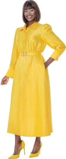 Terramina <br> (Spring 2026) <br> T7031-YE <br> <br> Yellow <br> 8 10 12 14 16 18 20 22 <br> 1 Piece Dress Rhinestone Sprinkled Midi Dress with Rhinestone buckle head & pockets