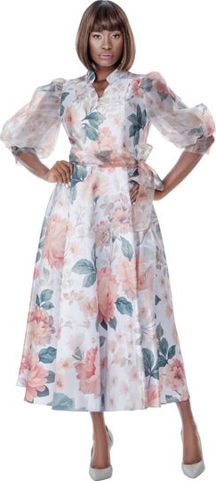 Terramina <br> (Spring 2026) <br> T7032 <br> <br> Print <br> 8 10 12 14 16 18 20 22 <br> 1 Piece Dress organza sheer sleeves dress with front buttons & sash belt on wide pleated skirt