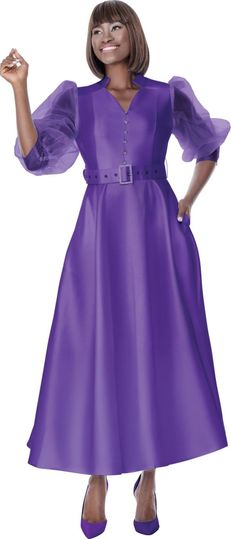 Terramina <br> (Spring 2026) <br> T7033-PU <br> <br> Purple  <br>  Black <br> 8 10 12 14 16 18 20 22 <br> 1 Piece Dress organza short sleeves with buckle belt & pockets