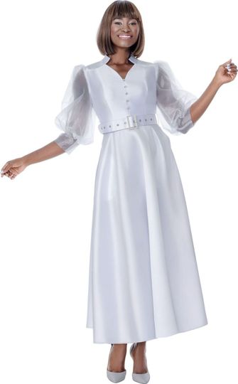 Terramina <br> (Spring 2026) <br> T7033-WH <br> <br> White  <br>  Black <br> 8 10 12 14 16 18 20 22 <br> 1 Piece Dress organza short sleeves with buckle belt & pockets