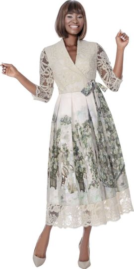 Terramina <br> (Spring 2026) <br> T7042 <br> <br> Print <br> 8 10 12 14 16 18 20 22 <br> 1 Piece Dress wrap dress with side tie & sheer lace on sleeves & hem