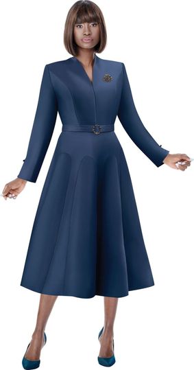 Terramina <br> (Spring 2026) <br> T7045-NA <br> <br> Navy <br> 8 10 12 14 16 18 20 22 <br> 1 Piece Dress w/Belt with flared skirt, belt look &�Rhinestone Brooch