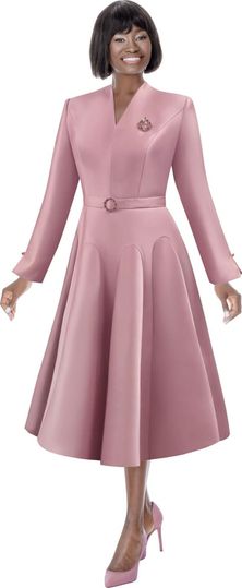 Terramina <br> (Spring 2026) <br> T7045-PI <br> <br> Pink <br> 8 10 12 14 16 18 20 22 <br> 1 Piece Dress w/Belt with flared skirt, belt look &�Rhinestone Brooch