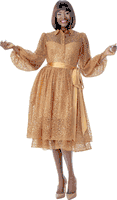 Terramina <br> (Spring 2026) <br> T7067-GO <br> <br> Gold <br> 8 10 12 14 16 18 20 22 <br> 1 Piece Dress collared�novelty lace dress with satin belt & button front with sheer shoulder & bishop sleeves & layered hem