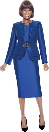 Terramina <br> (Spring 2026) <br> T7121 <br> <br> Royal  <br>  White/Black <br> 8 10 12 14 16 18 20 22 <br> 3 Piece Skirt Suit  with Brooch Accent