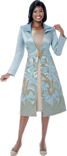 Terramina <br> (Spring 2026) <br> T7266 <br> <br> Blue <br> 8 10 12 14 16 18 20 22 24 <br> 2 Piece Jacket & Dress Layered Collar & Rhinestone Clasp Closure in Silk Look & Jacquard Fabric Combo