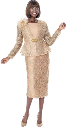 Terramina <br> (Spring 2026) <br> T7272-GO <br> <br> Gold <br> 8 10 12 14 16 18 20 22 24 <br> 3 Piece Skirt Suit lace with contrast cami, rhinestone clasp closure & rhinestone trimmed flowers