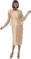 Terramina <br> (Spring 2026) <br> T7272-GO <br> <br> Gold <br> 8 10 12 14 16 18 20 22 24 <br> 3 Piece Skirt Suit lace with contrast cami, rhinestone clasp closure & rhinestone trimmed flowers