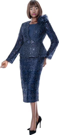 Terramina <br> (Spring 2026) <br> T7272-NA <br> <br> Navy <br> 8 10 12 14 16 18 20 22 24 <br> 3 Piece Skirt Suit lace  with contrast cami, rhinestone clasp closure & rhinestone trimmed flower trim