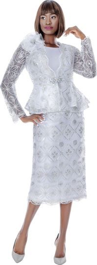 Terramina <br> (Spring 2026) <br> T7272-WH <br> <br> White <br> 8 10 12 14 16 18 20 22 24 <br> 3 Piece Skirt Suit lace  with contrast cami, rhinestone clasp closure & rhinestone trimmed flower trim
