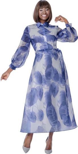 Terramina <br> (Spring 2026) <br> T7294-BL <br> <br> Blue <br> 8 10 12 14 16 18 20 22 <br> 1 Piece Dress with collar, enhanced sheer sleeves & sash belt