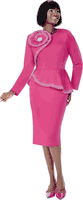 Terramina <br> (Spring 2026) <br> T7308-FU <br> <br> Fuchsia <br> 8 10 12 14 16 18 20 22 <br>  Piece Skirt Suit in  Scuba fabric with Flounce Waistline & Rhinestone Embellishment & Rose Flower Brooch